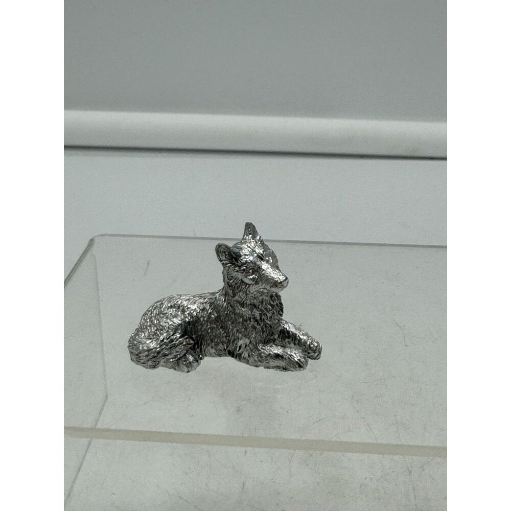 Laying Down Silvertone Metal Dog Fox Figurine Miniature
